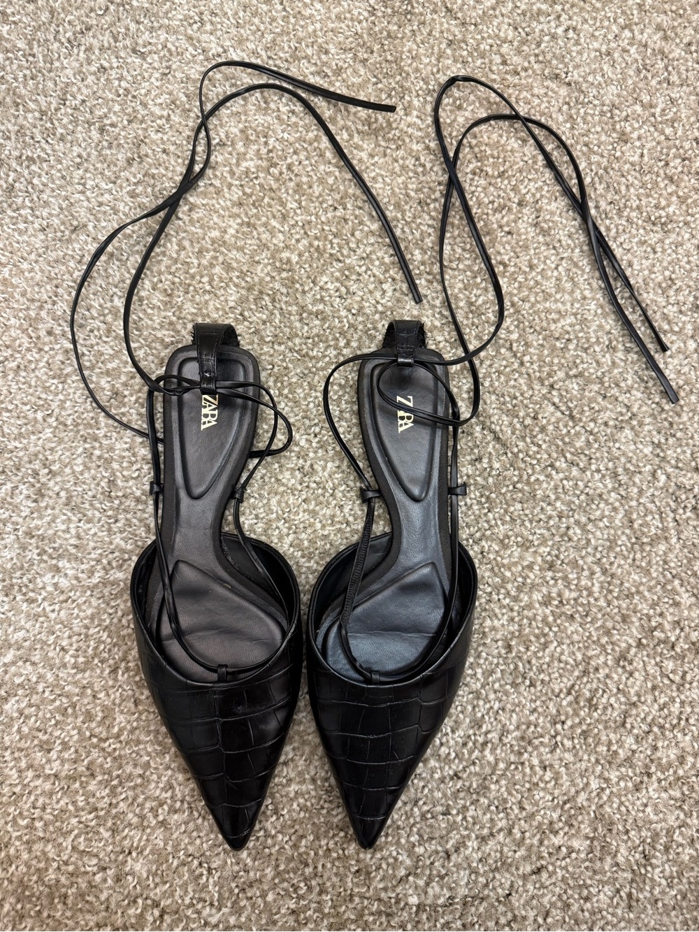 Zara Black Pointed Faux-Croc Lace-Up Flats